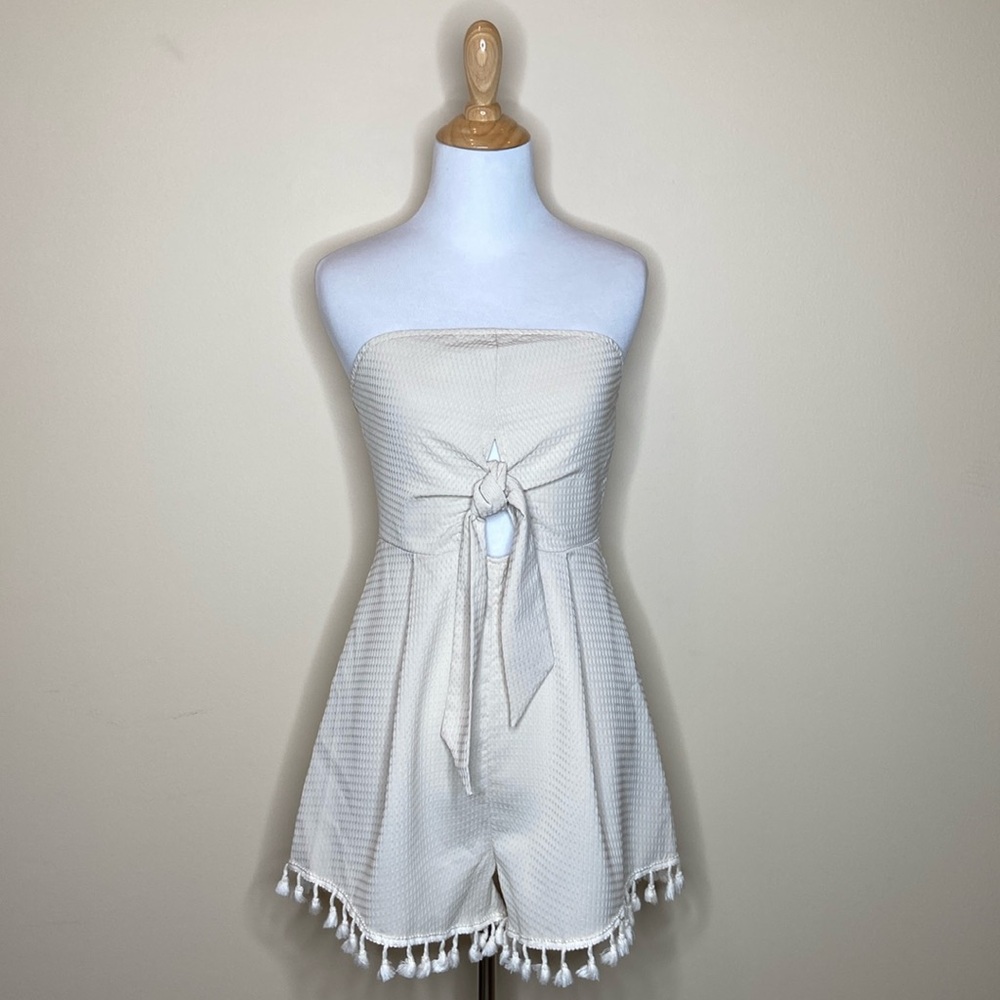 Cream color strapless romper w/tassels, back zip waffle texture chest tie design